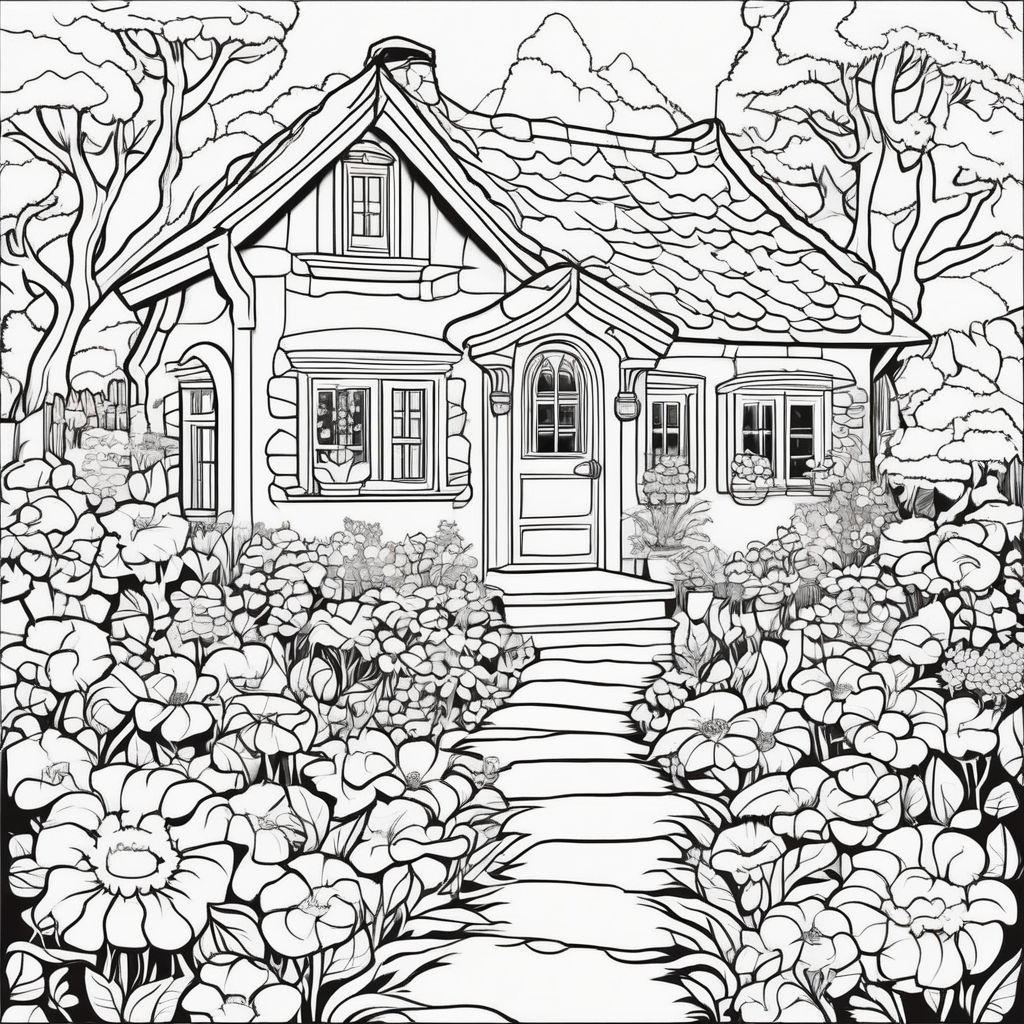 Cottage and meadow coloring page with fine detail