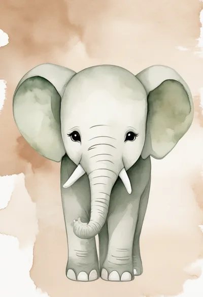 Watercolour nursery print of a baby elephant in sage green on a washed blush background